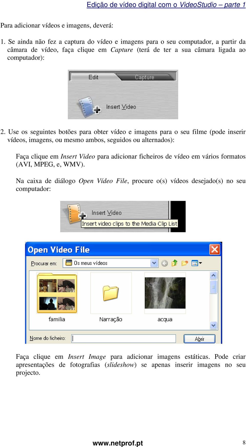 Use os seguintes botões para obter vídeo e imagens para o seu filme (pode inserir vídeos, imagens, ou mesmo ambos, seguidos ou alternados): Faça clique em Insert Video para