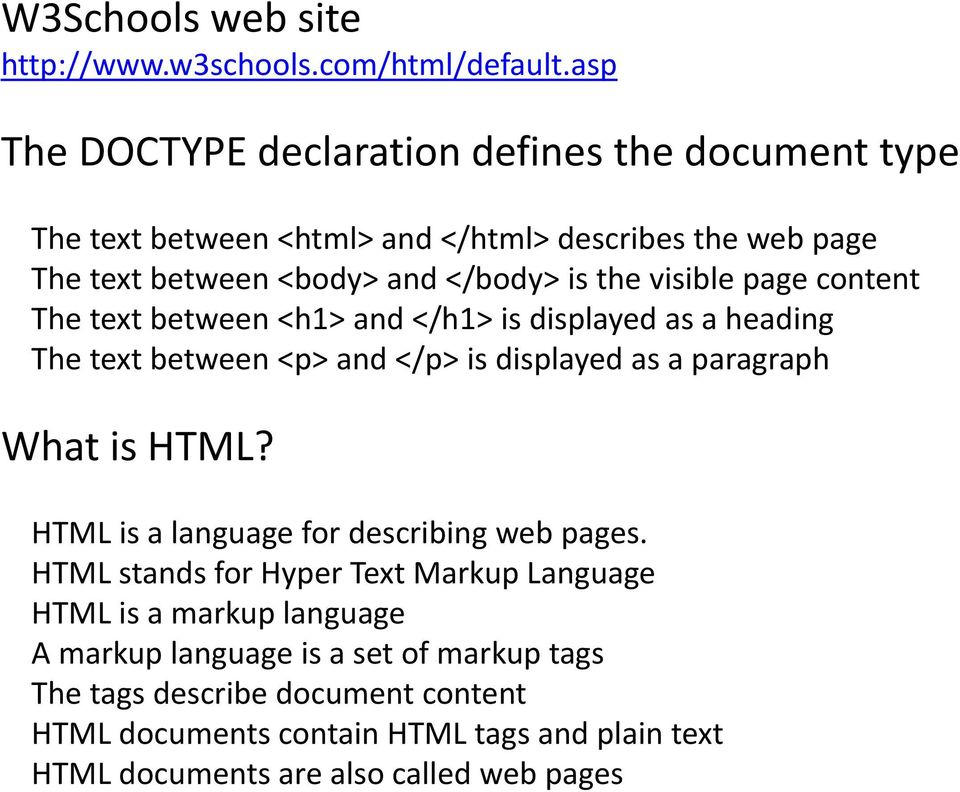 visible page content The text between <h1> and </h1> is displayed as a heading The text between <p> and </p> is displayed as a paragraph What is HTML?