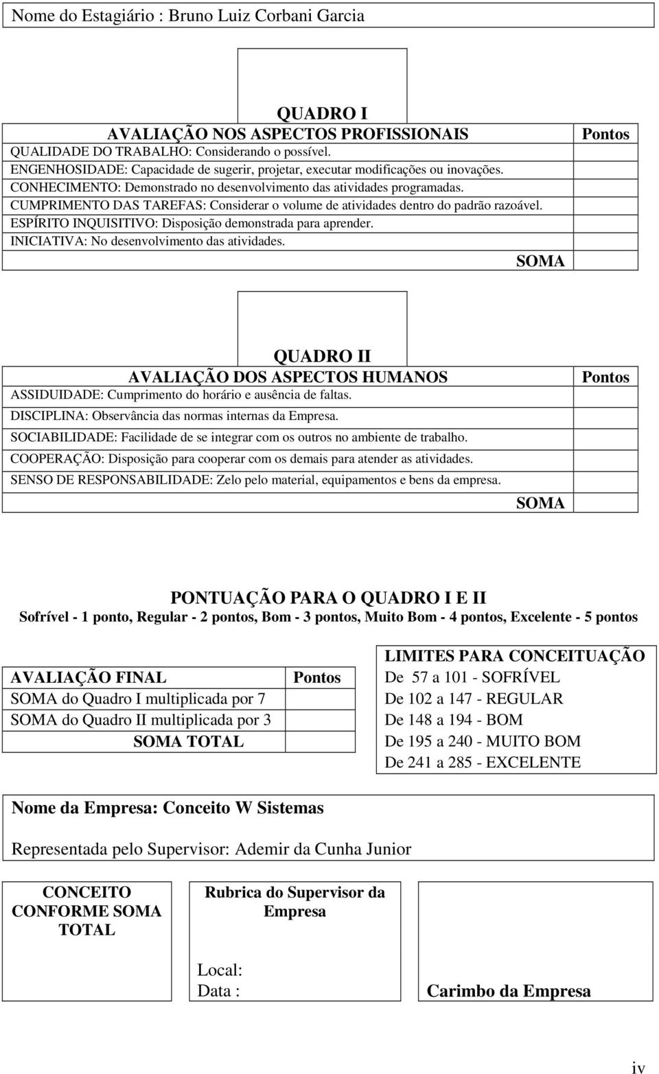 CUMPRIMENTO DAS TAREFAS: Considerar o volume de atividades dentro do padrão razoável. ESPÍRITO INQUISITIVO: Disposição demonstrada para aprender. INICIATIVA: No desenvolvimento das atividades.