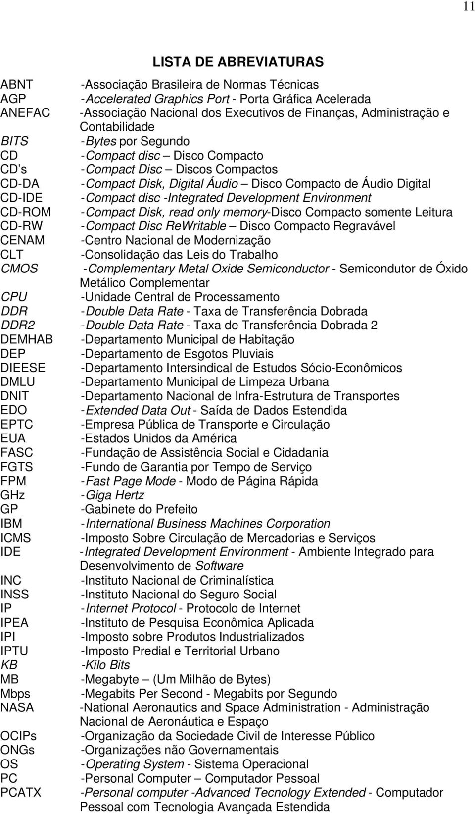 -Integrated Development Environment CD-ROM -Compact Disk, read only memory-disco Compacto somente Leitura CD-RW -Compact Disc ReWritable Disco Compacto Regravável CENAM -Centro Nacional de