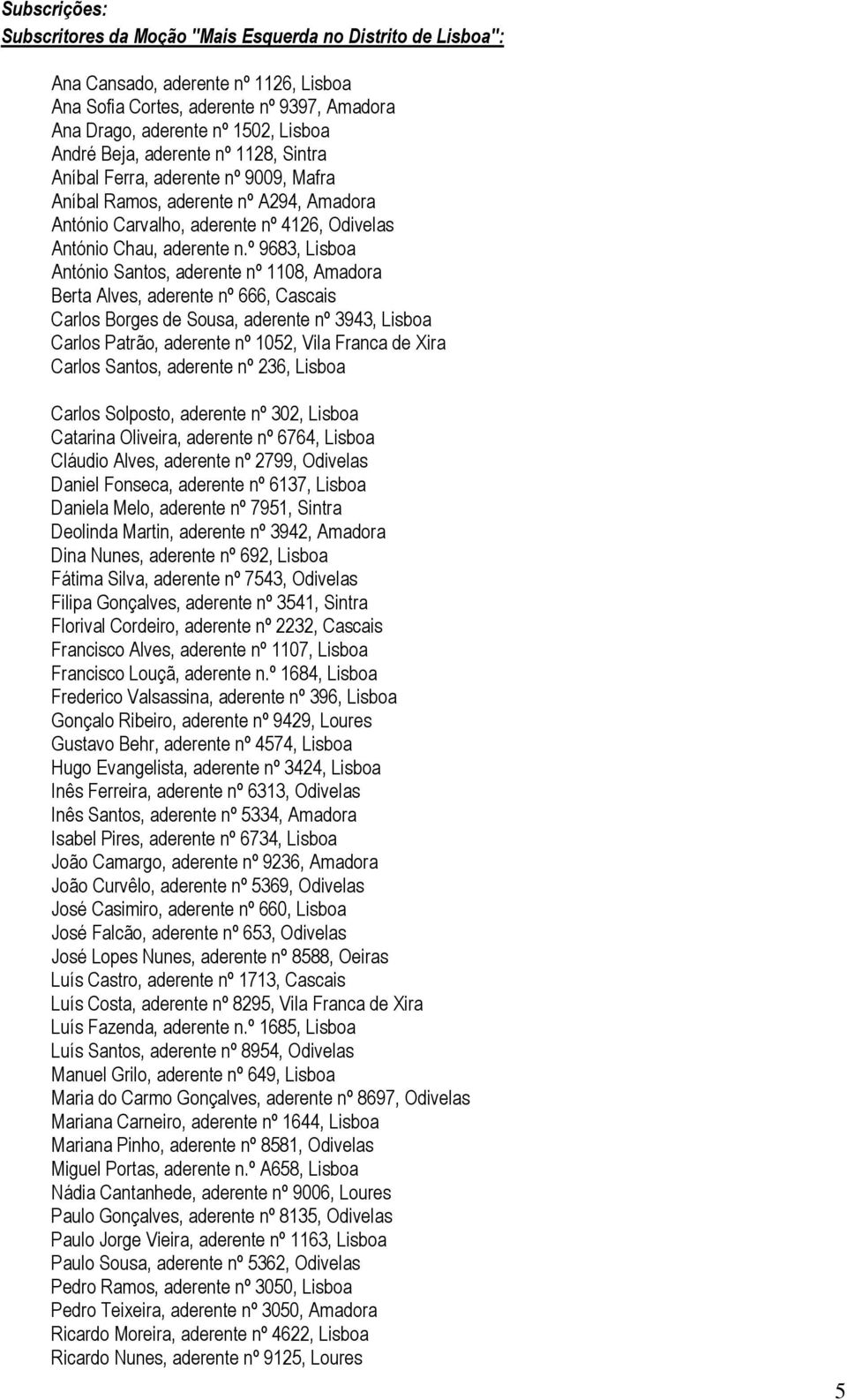 º 9683, Lisboa António Santos, aderente nº 1108, Amadora Berta Alves, aderente nº 666, Cascais Carlos Borges de Sousa, aderente nº 3943, Lisboa Carlos Patrão, aderente nº 1052, Vila Franca de Xira