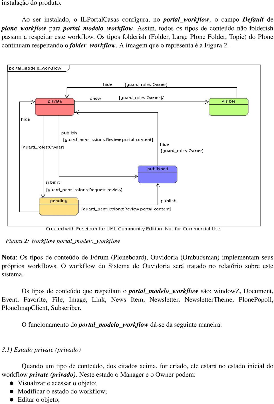 A imagem que o representa é a Figura 2. Figura 2: Workflow portal_modelo_workflow Nota: Os tipos de conteúdo de Fórum (Ploneboard), Ouvidoria (Ombudsman) implementam seus próprios workflows.