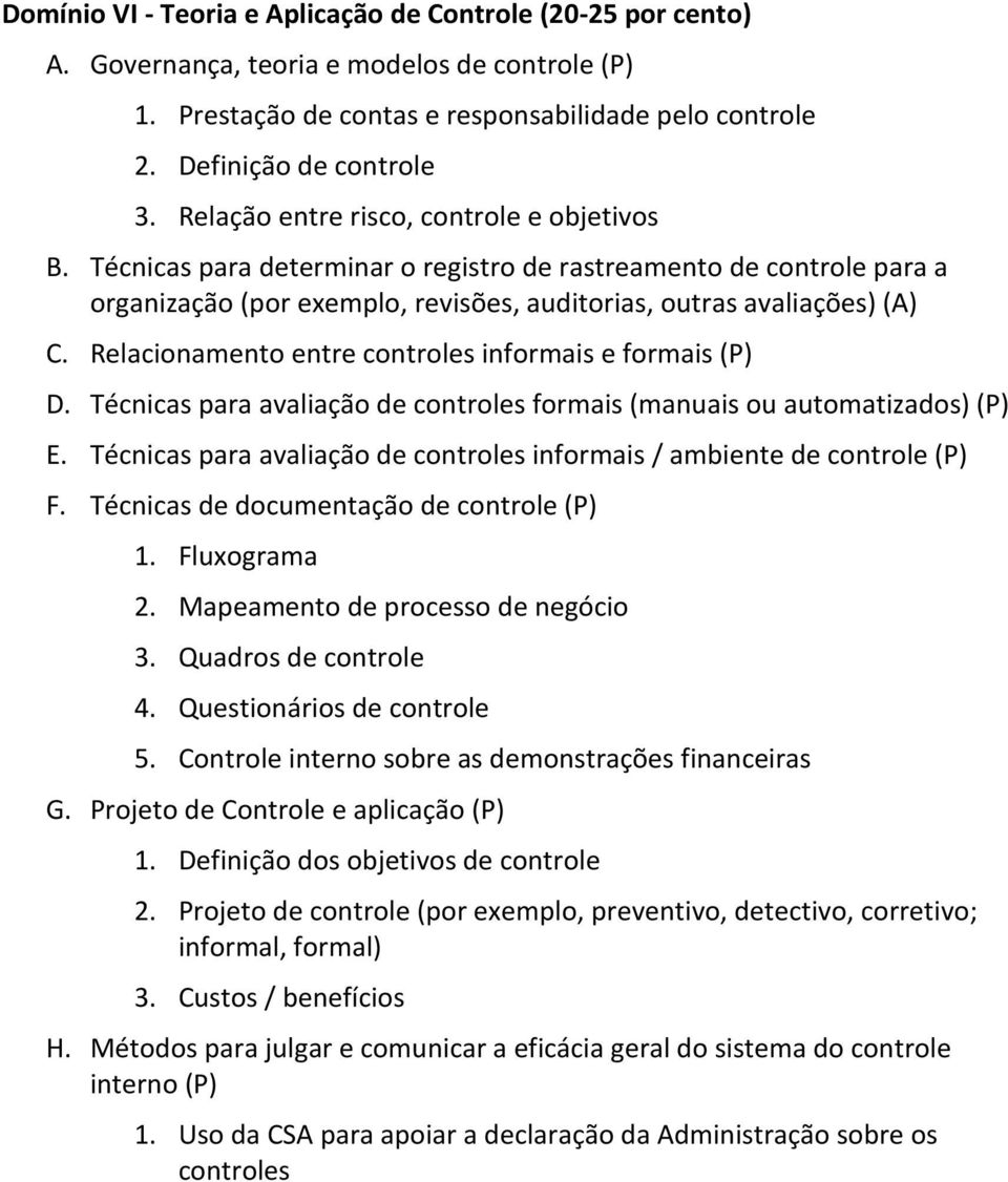 Relacionamento entre controles informais e formais (P) D. Técnicas para avaliação de controles formais (manuais ou automatizados) (P) E.