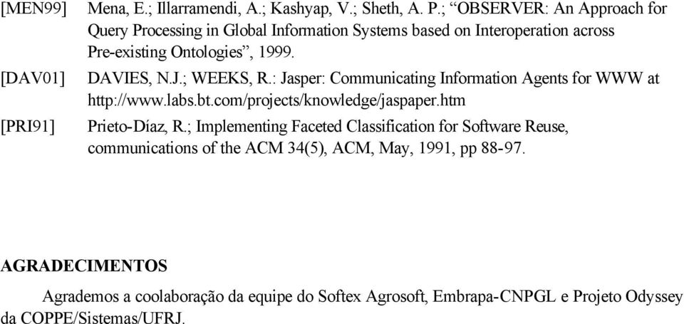 ; WEEKS, R.: Jasper: Communicating Information Agents for WWW at http://www.labs.bt.com/projects/knowledge/jaspaper.htm Prieto-Díaz, R.