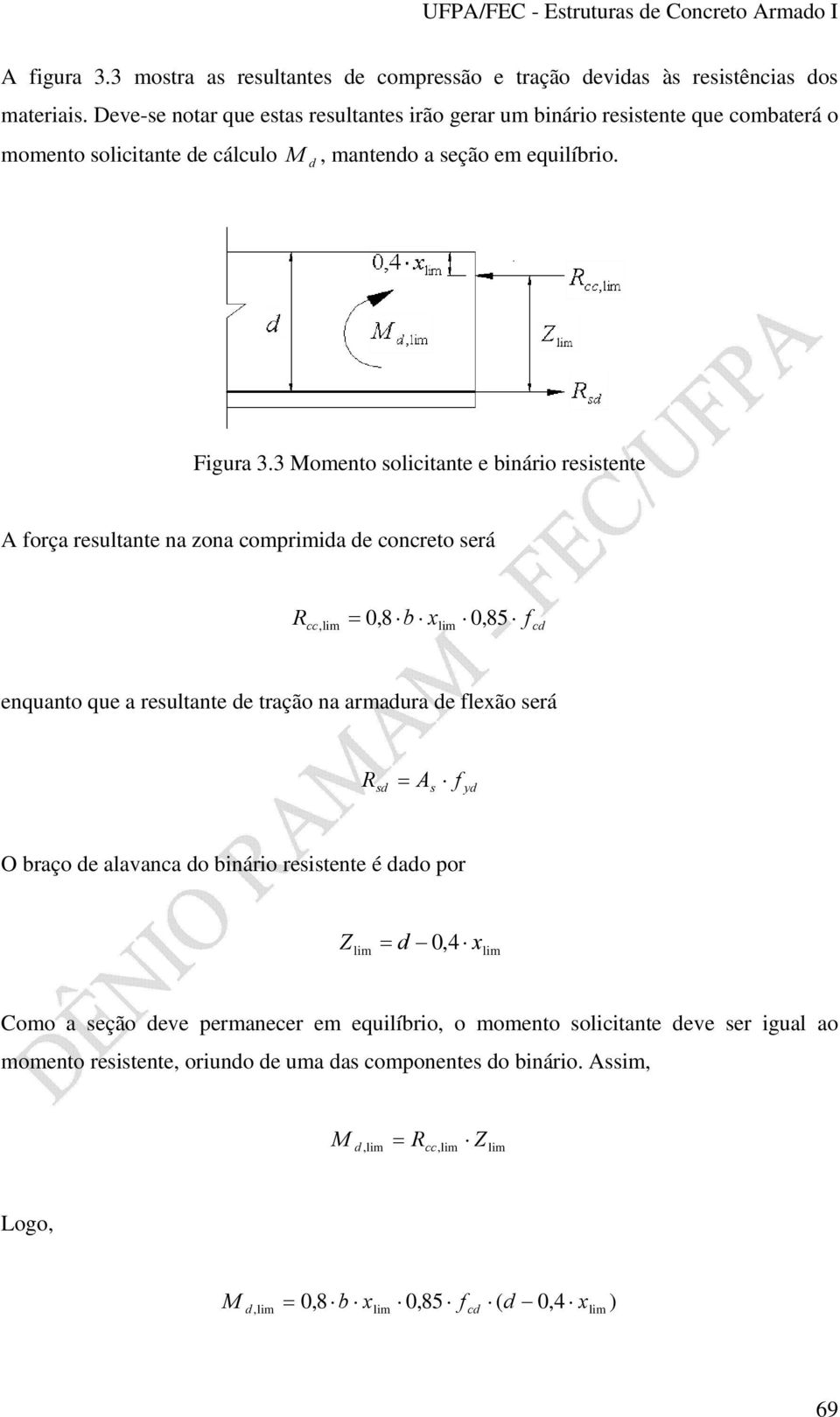 3 omento oliitante e binário reitente orça reultante na zona omprimia e onreto erá R, lim 0,8 b lim 0, 85 enquanto que a reultante e tração na armaura e leão erá R y O