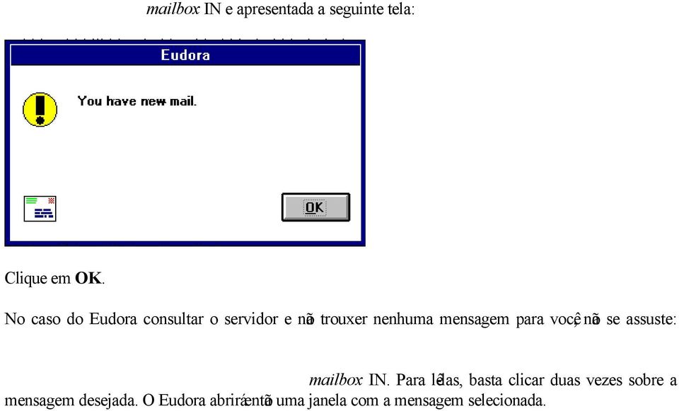 No caso do Eudora consultar o servidor e não trouxer nenhuma mensagem para você, não se assuste: mailbox