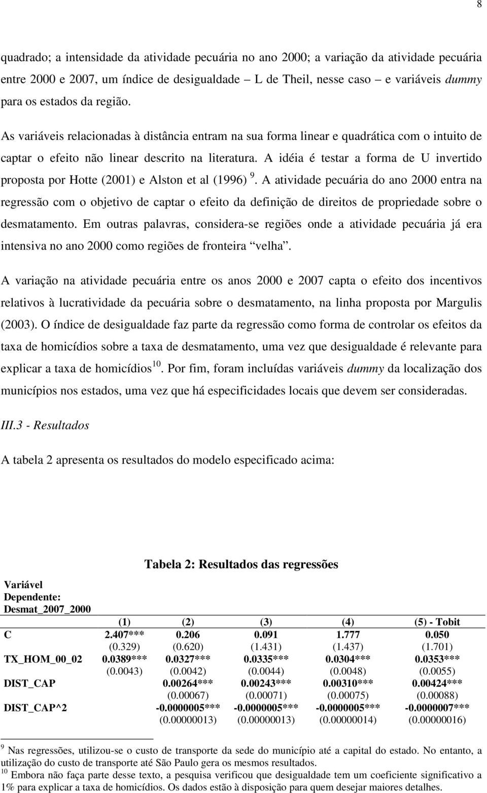 A idéia é testar a forma de U invertido proposta por Hotte (2001) e Alston et al (1996) 9.