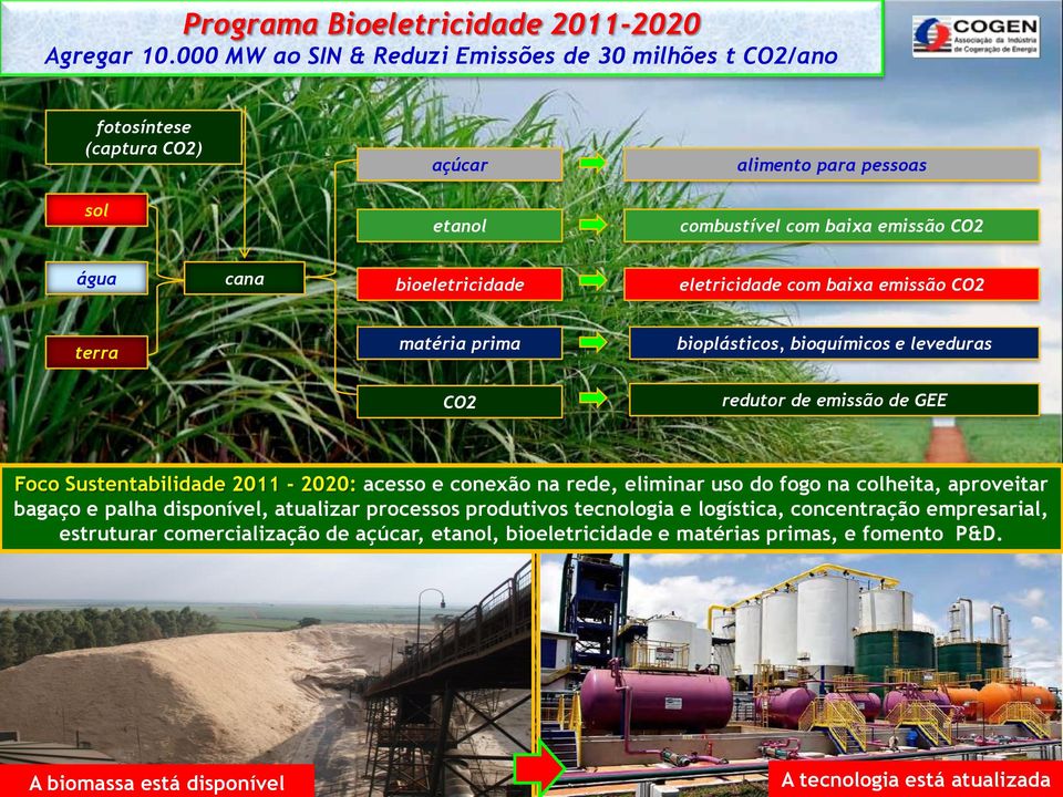 bioeletricidade eletricidade com baixa emissão CO2 terra matéria prima bioplásticos, bioquímicos e leveduras CO2 redutor de emissão de GEE Foco Sustentabilidade 2011-2020: acesso