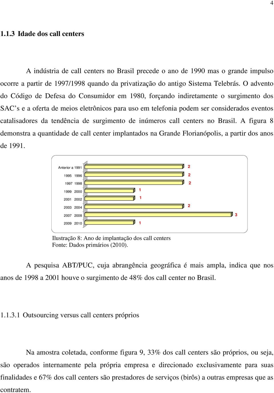 da tendência de surgimento de inúmeros call centers no Brasil. A figura 8 demonstra a quantidade de call center implantados na Grande Florianópolis, a partir dos anos de 1991.