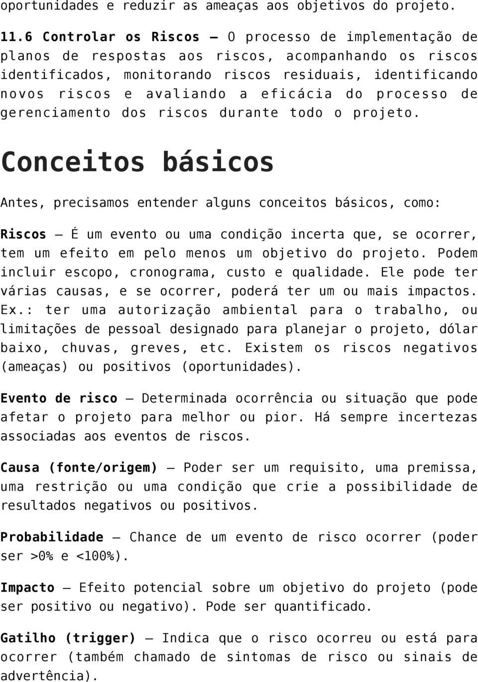 eficácia do processo de gerenciamento dos riscos durante todo o projeto.