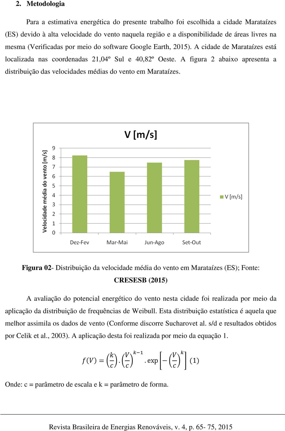 A figura 2 abaixo apresenta a distribuição das velocidades médias do vento em Marataízes.