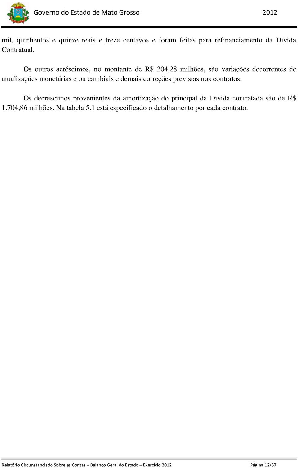 correções previstas nos contratos. Os decréscimos provenientes da amortização do principal da Dívida contratada são de R$ 1.