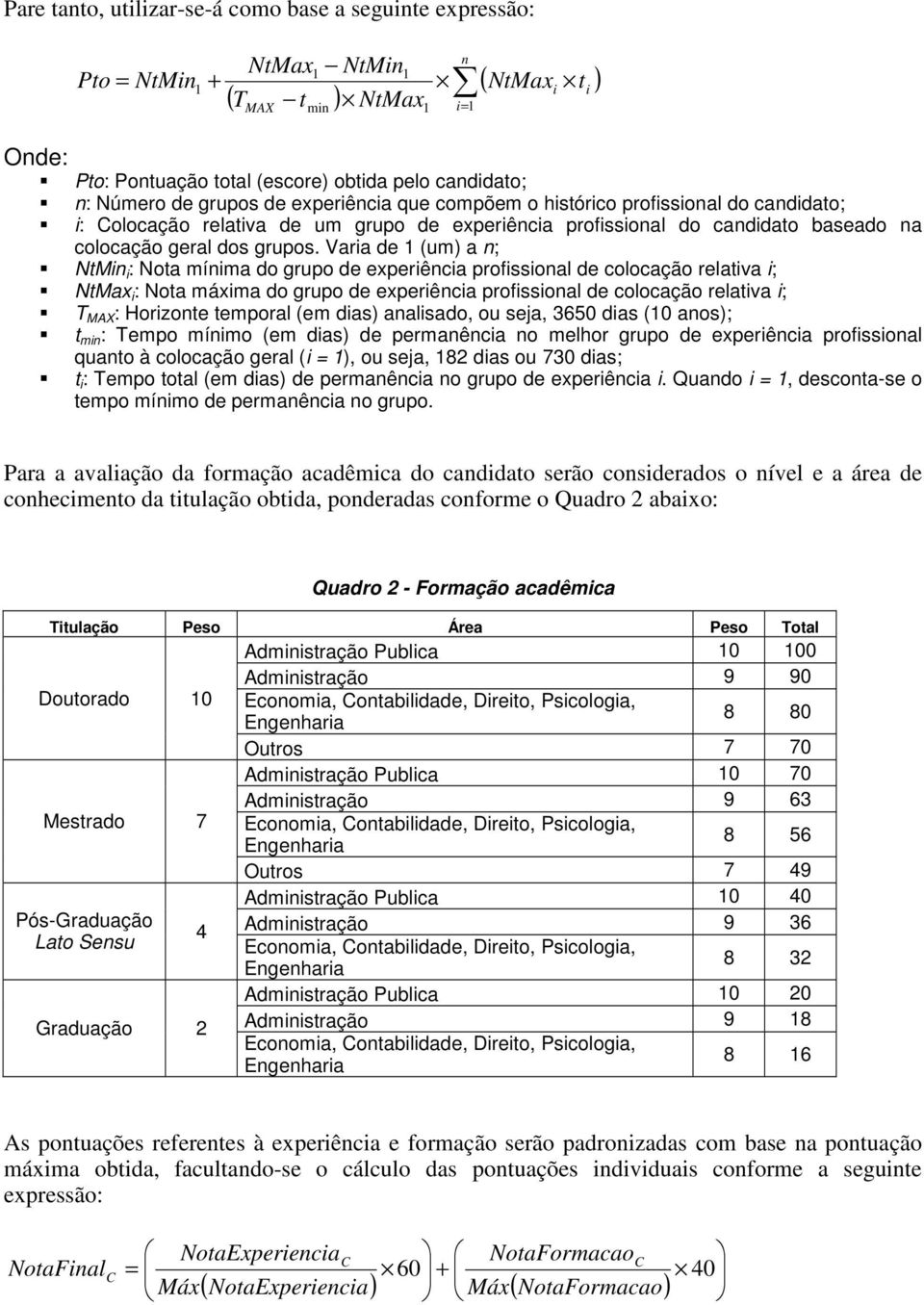 Varia de 1 (um) a n; NtMin i : Nota mínima do grupo de experiência profissional de colocação relativa i; NtMax i : Nota máxima do grupo de experiência profissional de colocação relativa i; T MAX :