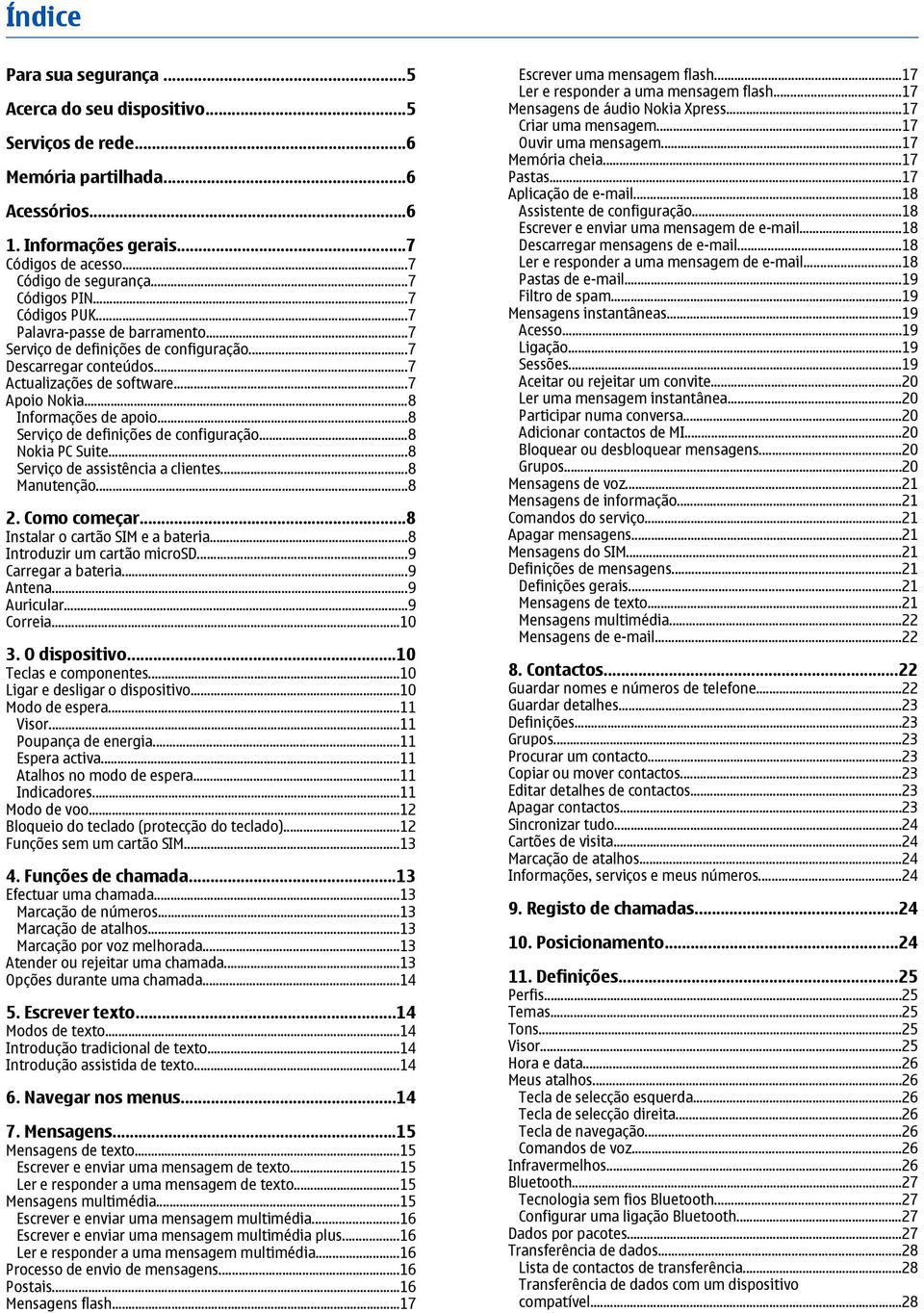 ..8 Informações de apoio...8 Serviço de definições de configuração...8 Nokia PC Suite...8 Serviço de assistência a clientes...8 Manutenção...8 2. Como começar...8 Instalar o cartão SIM e a bateria.