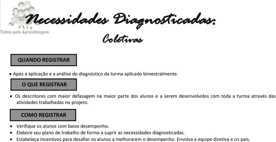 atividades trabalhadas no projeto. COMO REGISTRAR Verifique os alunos com baixo desempenho.