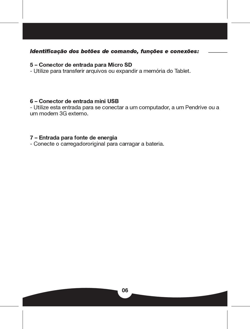 6 Conector de entrada mini USB - Utilize esta entrada para se conectar a um computador, a um
