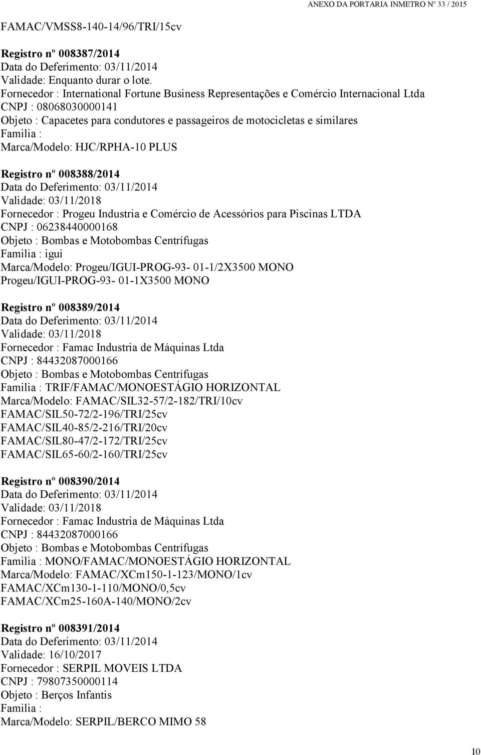 Marca/Modelo: HJC/RPHA-10 PLUS Registro nº 008388/2014 Data do Deferimento: 03/11/2014 Validade: 03/11/2018 Fornecedor : Progeu Industria e Comércio de Acessórios para Piscinas LTDA CNPJ :