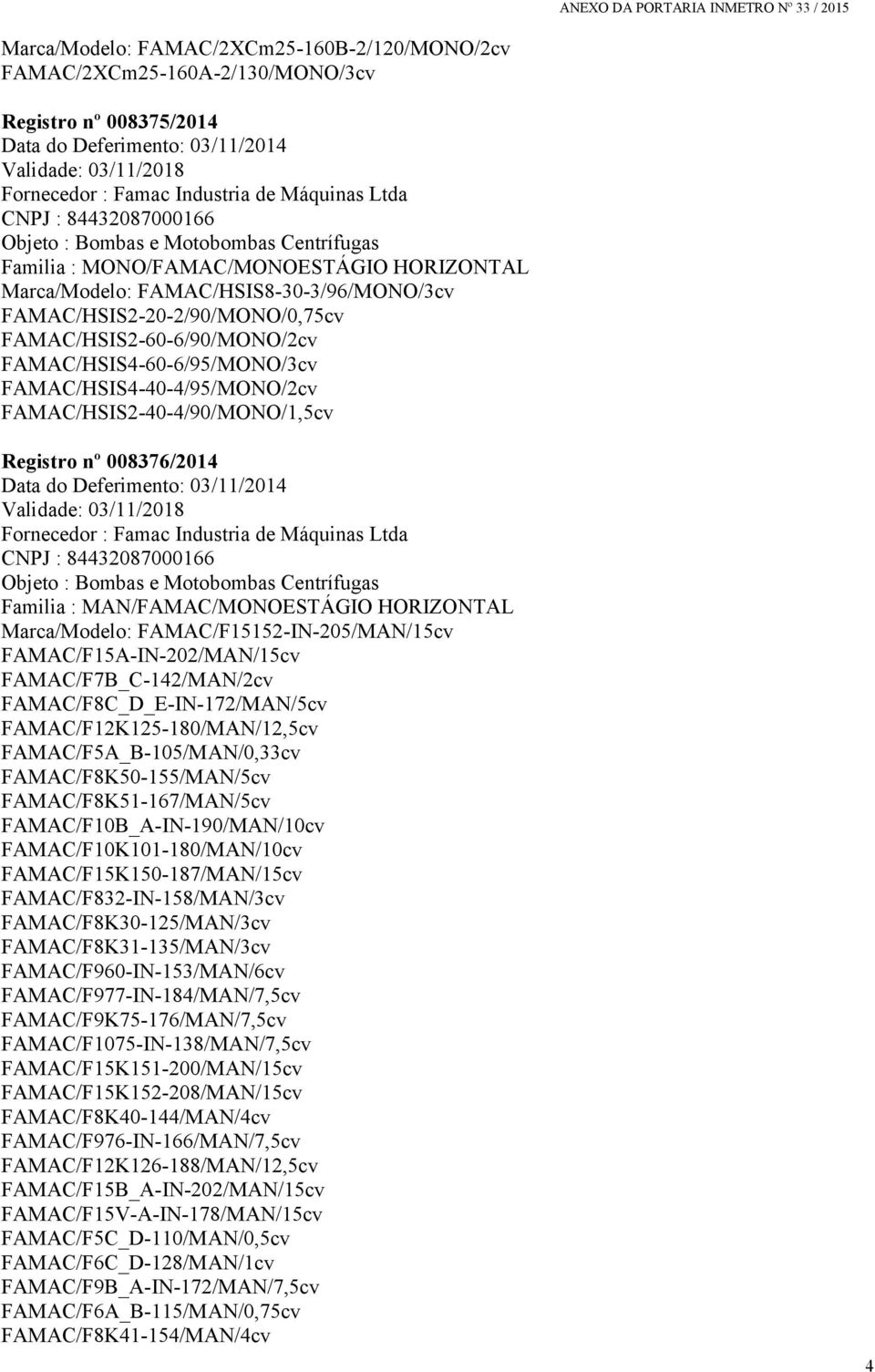 FAMAC/HSIS2-60-6/90/MONO/2cv FAMAC/HSIS4-60-6/95/MONO/3cv FAMAC/HSIS4-40-4/95/MONO/2cv FAMAC/HSIS2-40-4/90/MONO/1,5cv Registro nº 008376/2014 Data do Deferimento: 03/11/2014 Validade: 03/11/2018