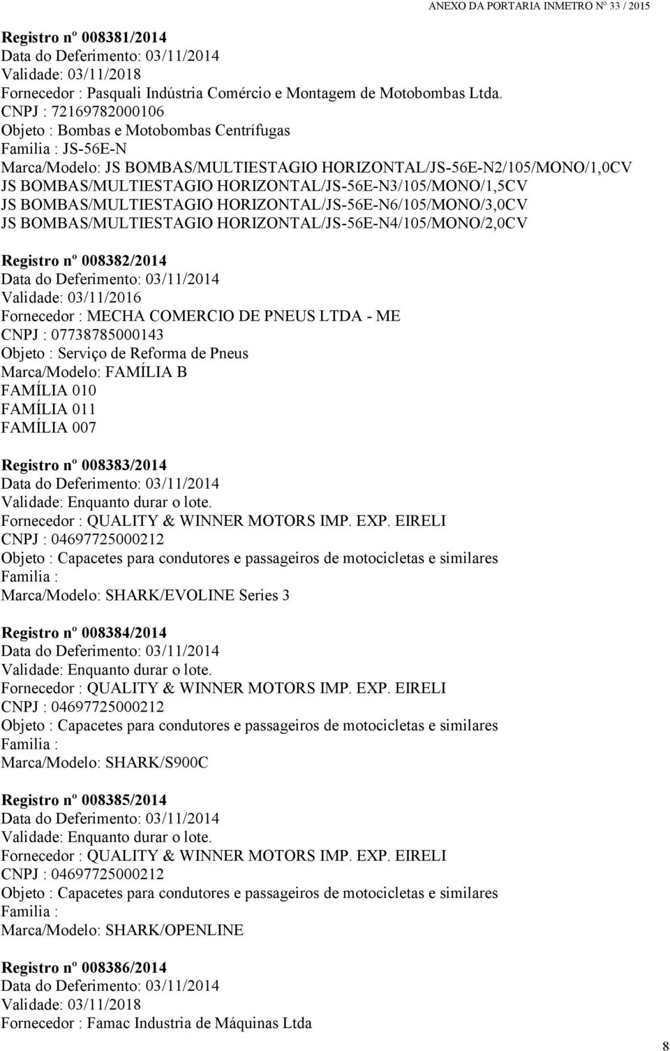 HORIZONTAL/JS-56E-N3/105/MONO/1,5CV JS BOMBAS/MULTIESTAGIO HORIZONTAL/JS-56E-N6/105/MONO/3,0CV JS BOMBAS/MULTIESTAGIO HORIZONTAL/JS-56E-N4/105/MONO/2,0CV Registro nº 008382/2014 Data do Deferimento: