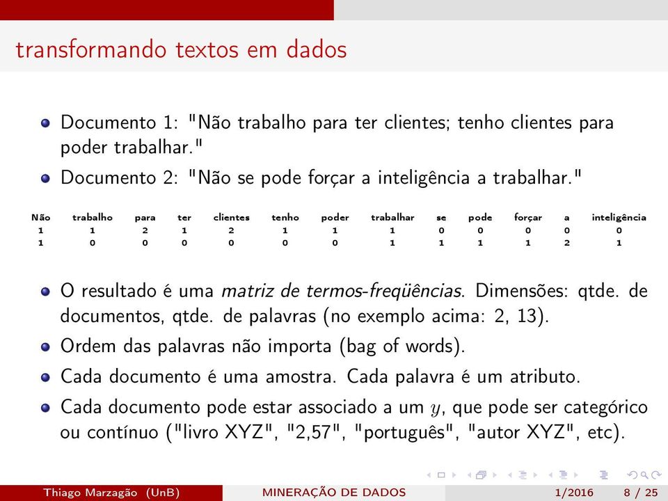 termos-freqüências. Dimensões: qtde. de documentos, qtde. de palavras (no exemplo acima: 2, 13). Ordem das palavras não importa (bag of words). Cada documento é uma amostra.