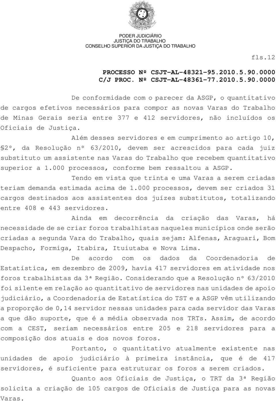 Além desses servidores e em cumprimento ao artigo 10, 2º, da Resolução nº 63/2010, devem ser acrescidos para cada juiz substituto um assistente nas Varas do Trabalho que recebem quantitativo superior