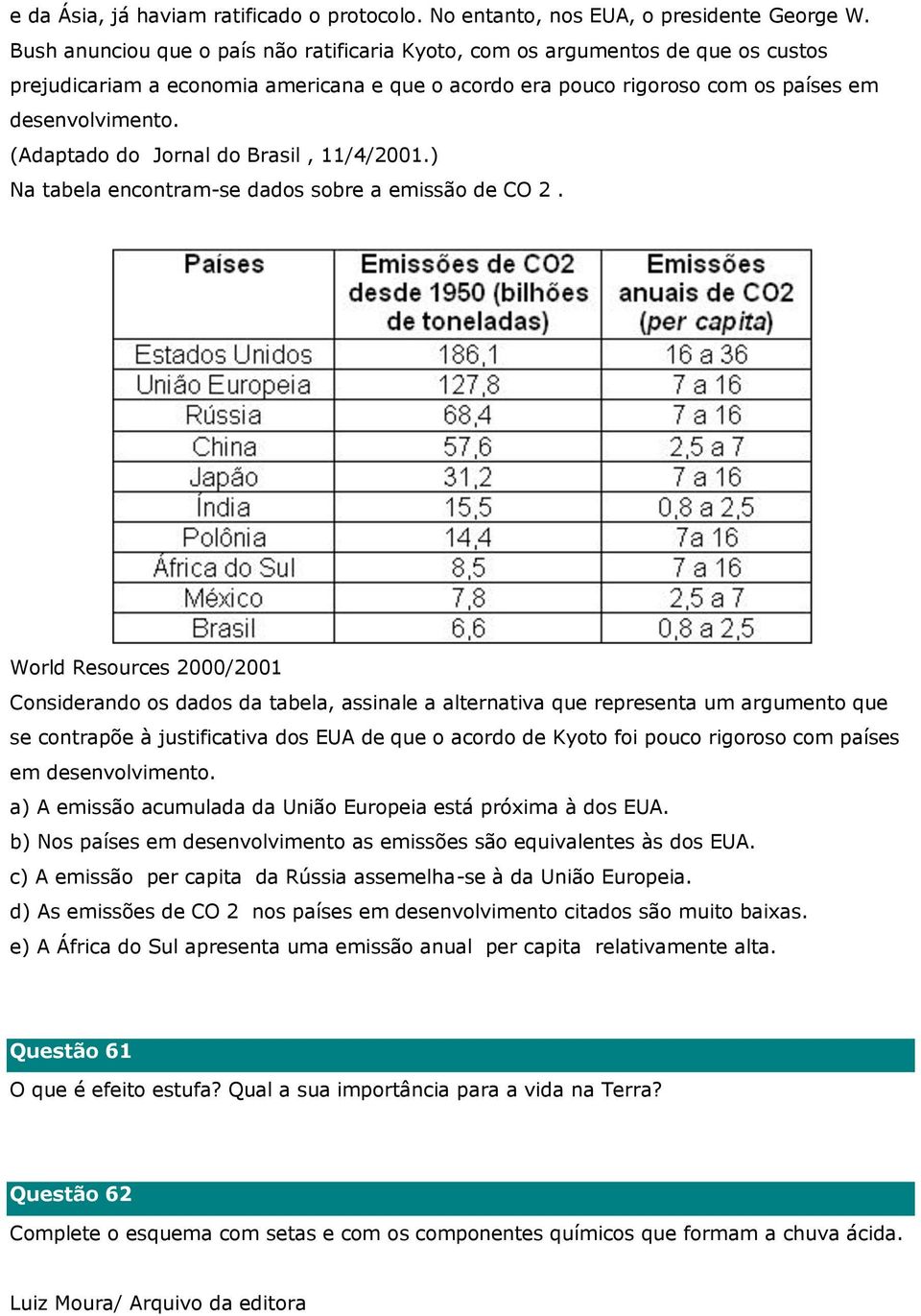 (Adaptado do Jornal do Brasil, 11/4/2001.) Na tabela encontram-se dados sobre a emissão de CO 2.