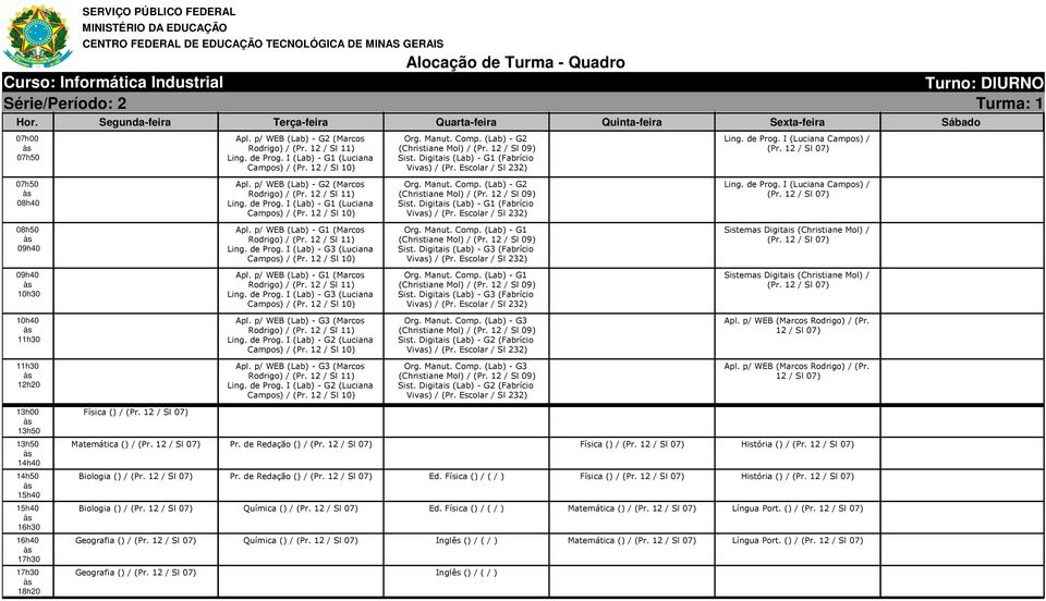 12 / Sl 10) Apl. p/ WEB (Lab) - G1 (Marcos Rodrigo) / (Pr. 12 / Sl 11) Ling. de Prog. I (Lab) - G3 (Luciana Campos) / (Pr. 12 / Sl 10) Apl. p/ WEB (Lab) - G3 (Marcos Rodrigo) / (Pr. 12 / Sl 11) Ling. de Prog. I (Lab) - G2 (Luciana Campos) / (Pr.