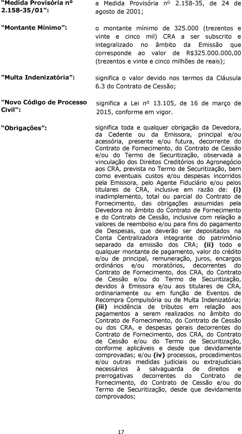 3 do Contrato de Cessão; "Novo Código de Processo Civil": Obrigações : significa a Lei nº 13.105, de 16 de março de 2015, conforme em vigor.