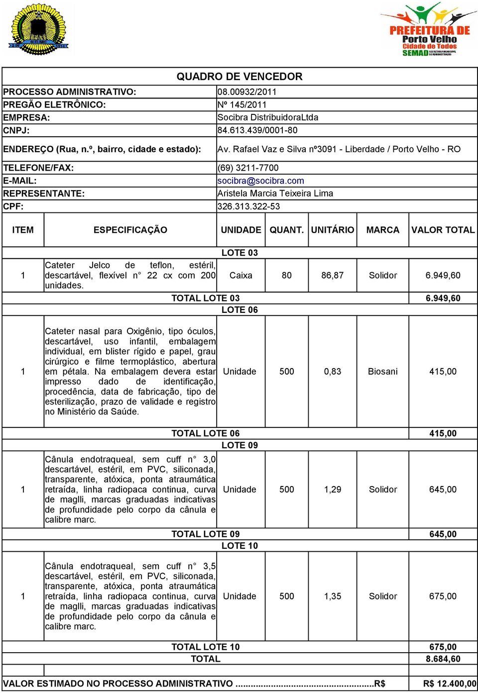 322-53 ITEM ESPECIFICAÇÃO UNIDADE QUANT. UNITÁRIO MARCA VALOR TOTAL LOTE 03 1 descartável, flexível n 22 cx com 200 Caixa 80 86,87 Solidor 6.949,60 TOTAL LOTE 03 6.