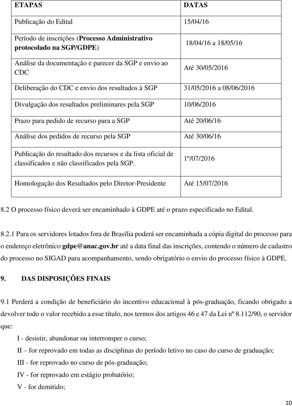 Análise dos pedidos de recurso pela SGP Até 30/06/16 Publicação do resultado dos recursos e da lista oficial de classificados e não classificados pela SGP.