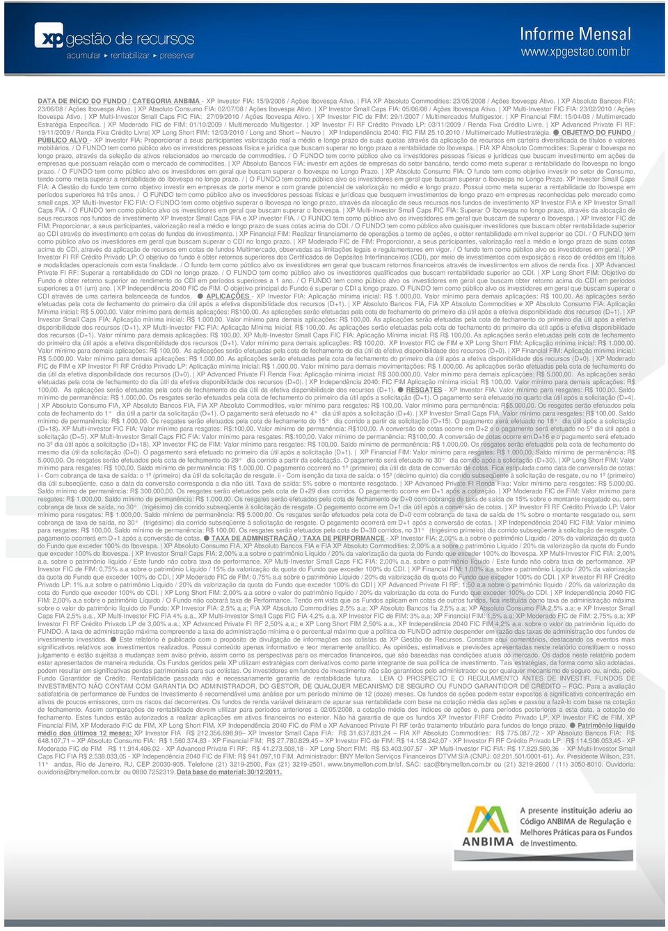 XP Multi-Investor FIC FIA: 23/02/2010 / Ações Ibovespa Ativo. XP Multi-Investor Small Caps FIC FIA: 27/09/2010 / Ações Ibovespa Ativo. XP Investor FIC de FIM: 29/1/2007 / Multimercados Multigestor.