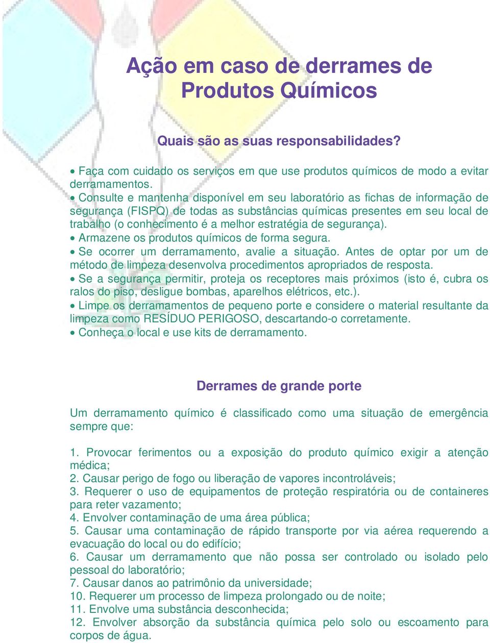 estratégia de segurança). Armazene os produtos químicos de forma segura. Se ocorrer um derramamento, avalie a situação.