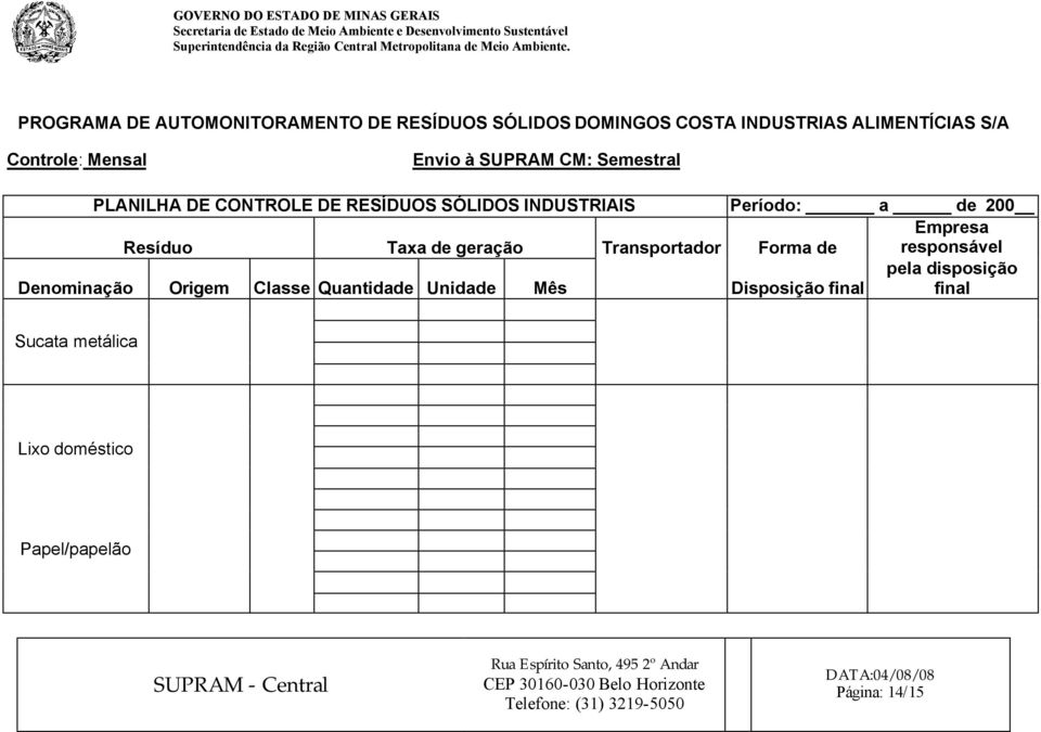 200 Resíduo Taxa de geração Transportador Forma de Empresa responsável pela disposição Denominação Origem