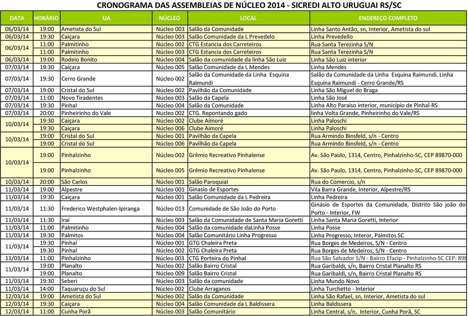 S/N 11:00 Palmitinho Núcleo 003 CTG Estancia dos Carreteiros Rua Santa Terezinha S/N 06/03/14 19:00 Rodeio Bonito Núcleo 004 Salão da comunidade da linha São Luiz Linha São Luiz interior 07/03/14