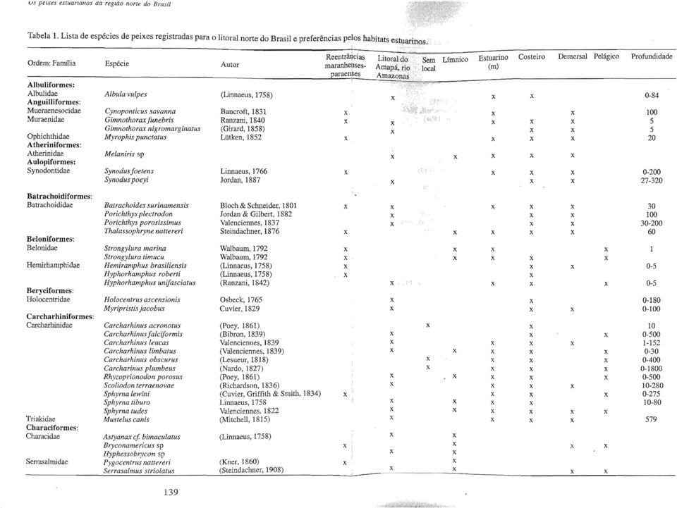 cias maranhenses- Earaen~es LitotalclCl Amapá, rio Amazonas Sem local Límnico Estuarino Cm) Costeiro Demersal Pelágico Profundidade Albula (Linnaeus, 1758) 0-84 Mueraenesocídae Cynoponticus savanna