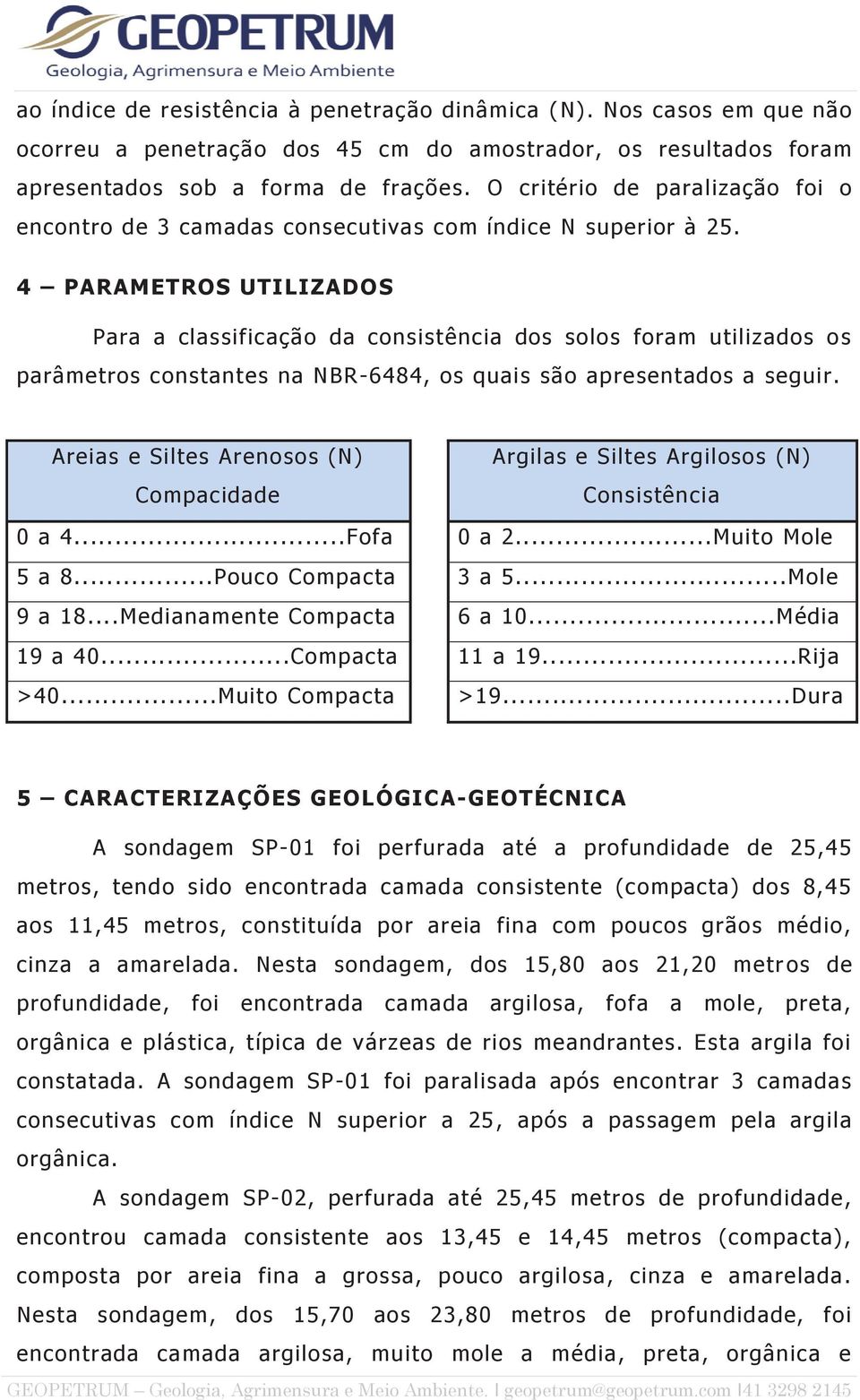 4 PARAMETROS UTILIZADOS Para a classificação da consistência dos solos foram utilizados os parâmetros constantes na NBR-6484, os quais são apresentados a seguir.