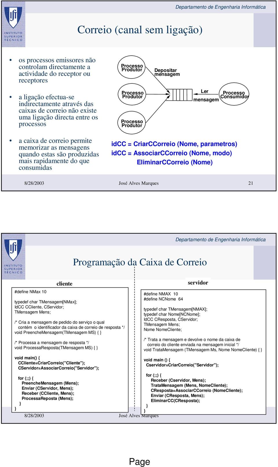 estas são produzidas mais rapidamente do que consumidas idcc = CriarCCorreio (Nome, parametros) idcc = AssociarCCorreio (Nome, modo) EliminarCCorreio (Nome) 8/28/2003 José Alves Marques 21