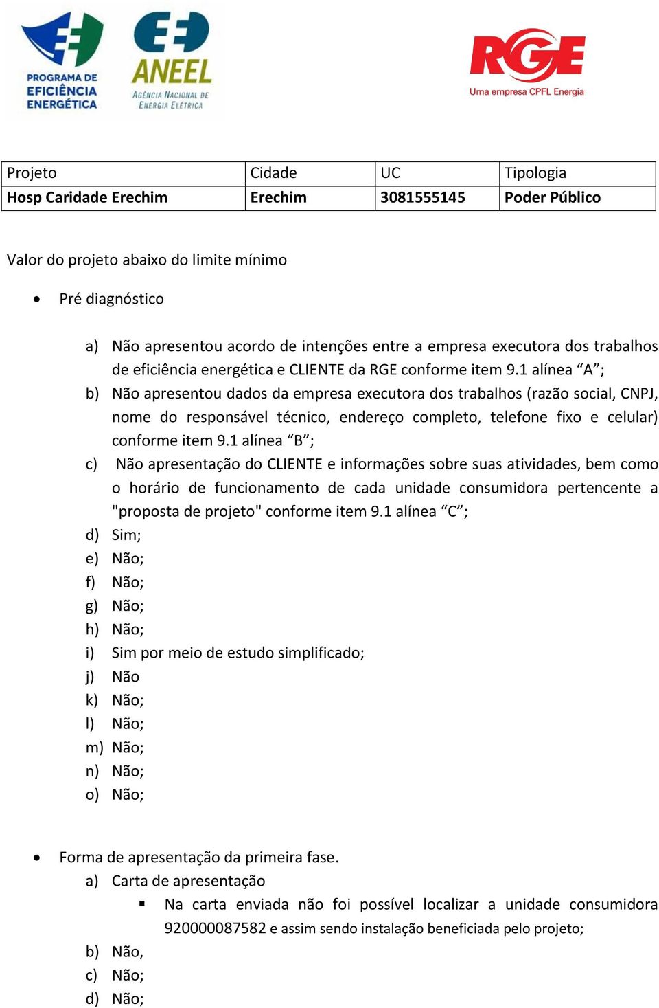 1 alínea A ; b) Não apresentou dados da empresa executora dos trabalhos (razão social, CNPJ, nome do responsável técnico, endereço completo, telefone fixo e celular) conforme item 9.