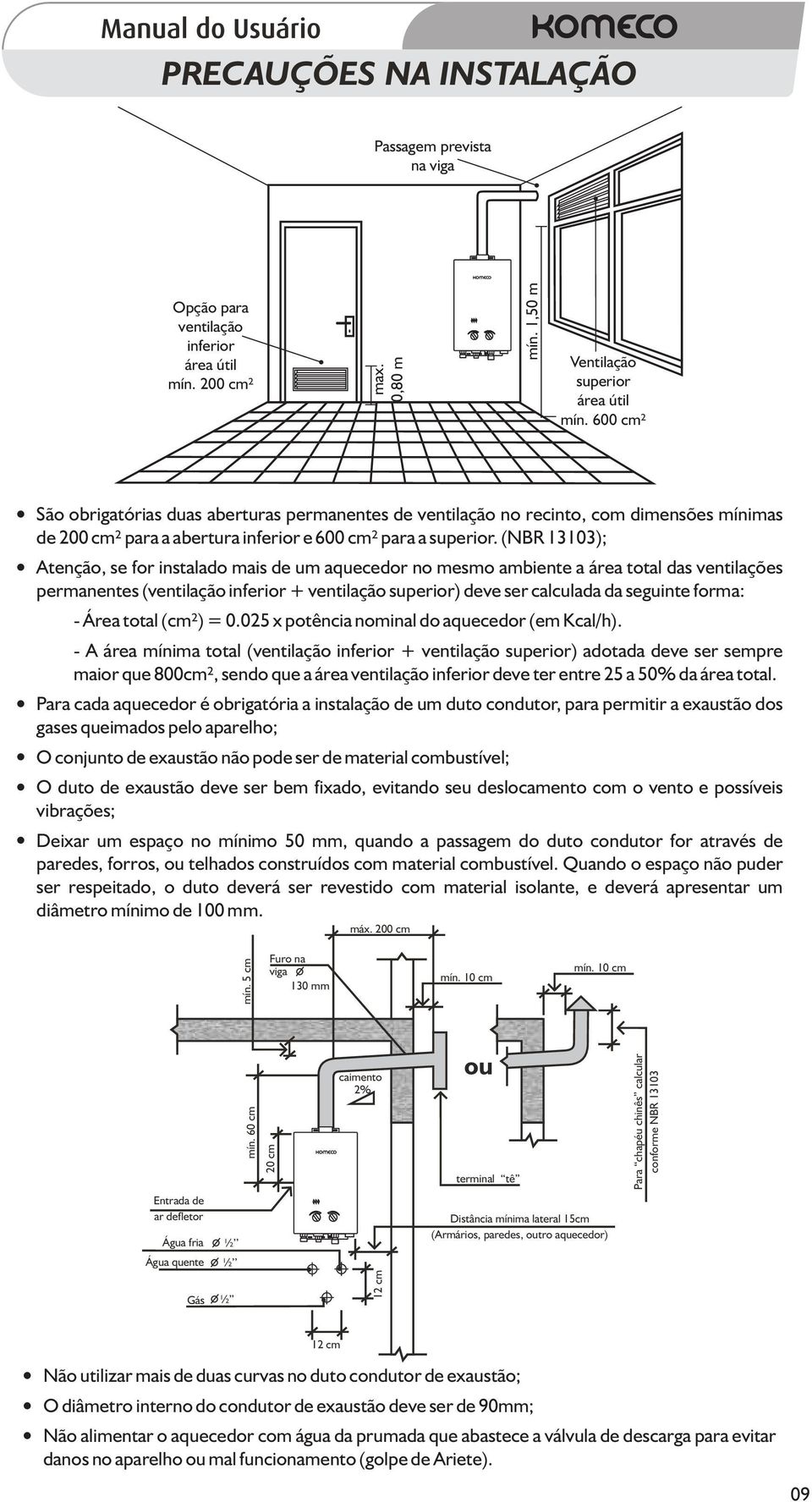 (NBR 13103); Atenção, se for instalado mais de um aquecedor no mesmo ambiente a área total das ventilações permanentes (ventilação inferior + ventilação superior) deve ser calculada da seguinte