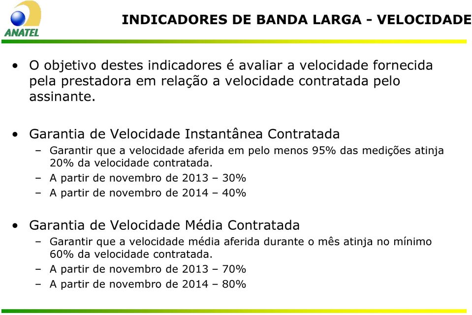 Garantia de Velocidade Instantânea Contratada Garantir que a velocidade aferida em pelo menos 95% das medições atinja 20% da velocidade contratada.