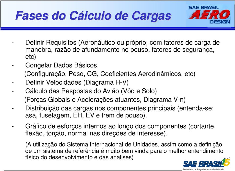 Distribuição das cargas nos componentes principais (entenda-se: asa, fuselagem, EH, EV e trem de pouso).