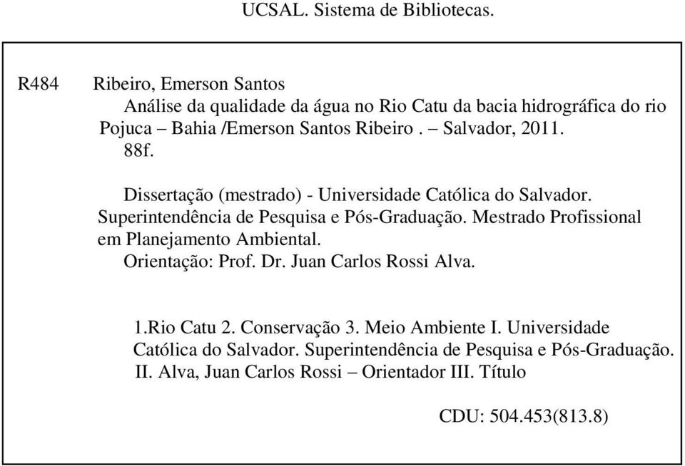 Salvador, 2011. 88f. Dissertação (mestrado) - Universidade Católica do Salvador. Superintendência de Pesquisa e Pós-Graduação.