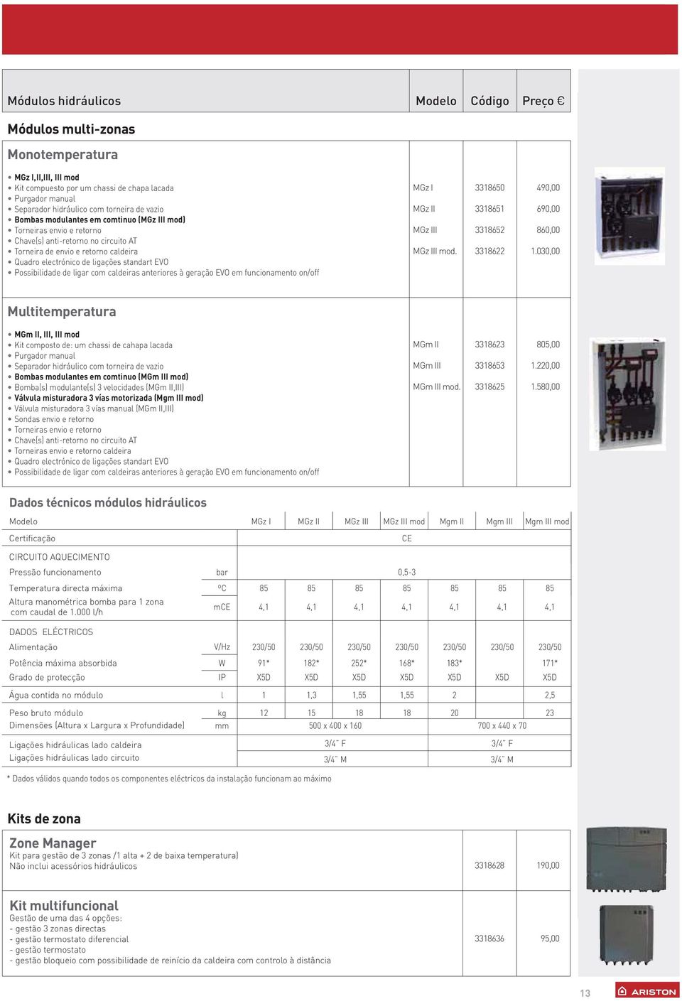 standart EVO Possibilidade de ligar com caldeiras anteriores à geração EVO em funcionamento on/off MGz I MGz II MGz III MGz III mod. 3318650 3318651 3318652 3318622 490,00 690,00 860,00 1.