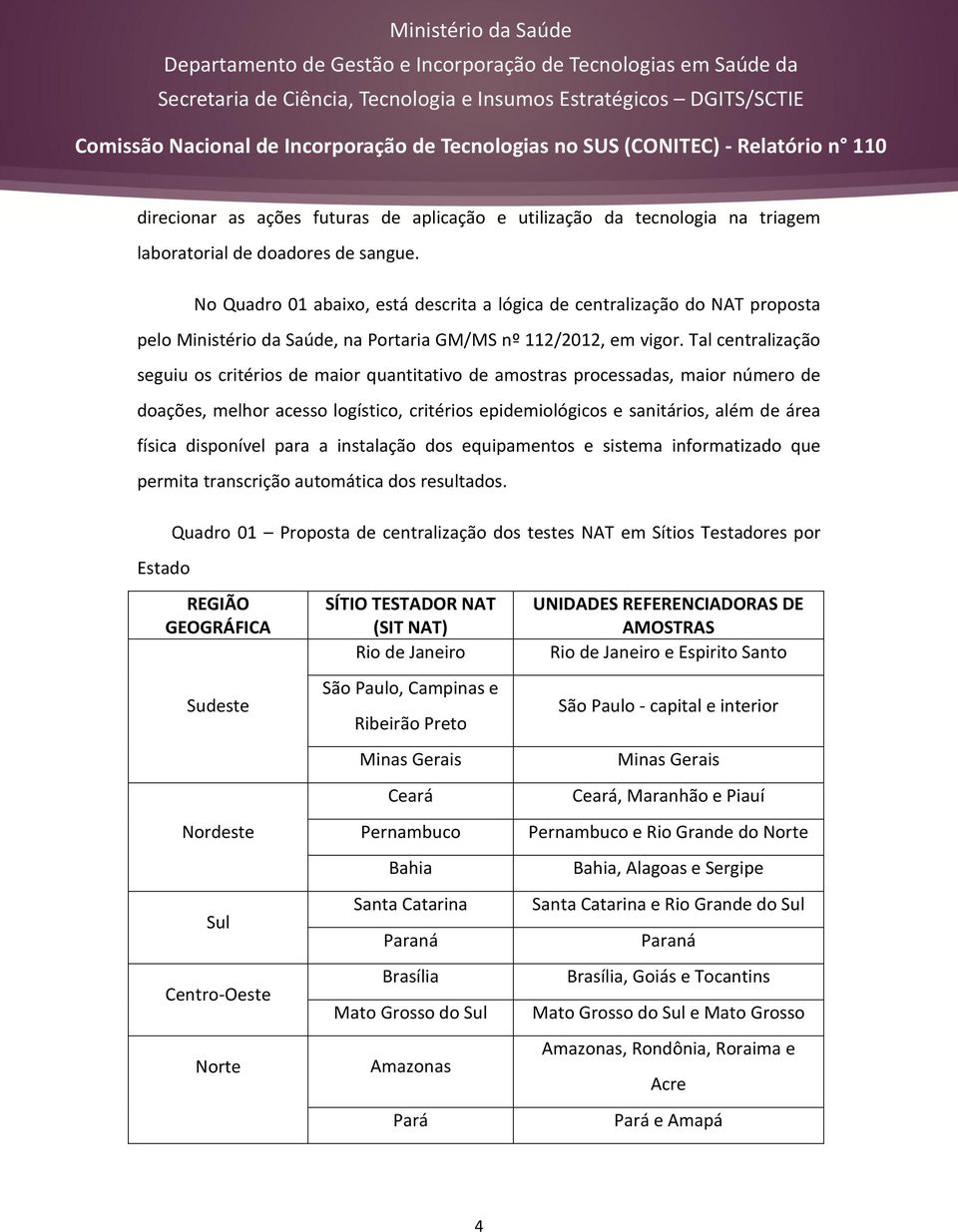 Tal centralização seguiu os critérios de maior quantitativo de amostras processadas, maior número de doações, melhor acesso logístico, critérios epidemiológicos e sanitários, além de área física