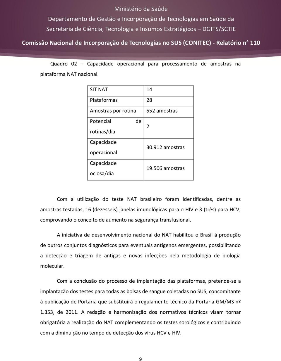 506 amostras Com a utilização do teste NAT brasileiro foram identificadas, dentre as amostras testadas, 16 (dezesseis) janelas imunológicas para o HIV e 3 (três) para HCV, comprovando o conceito de
