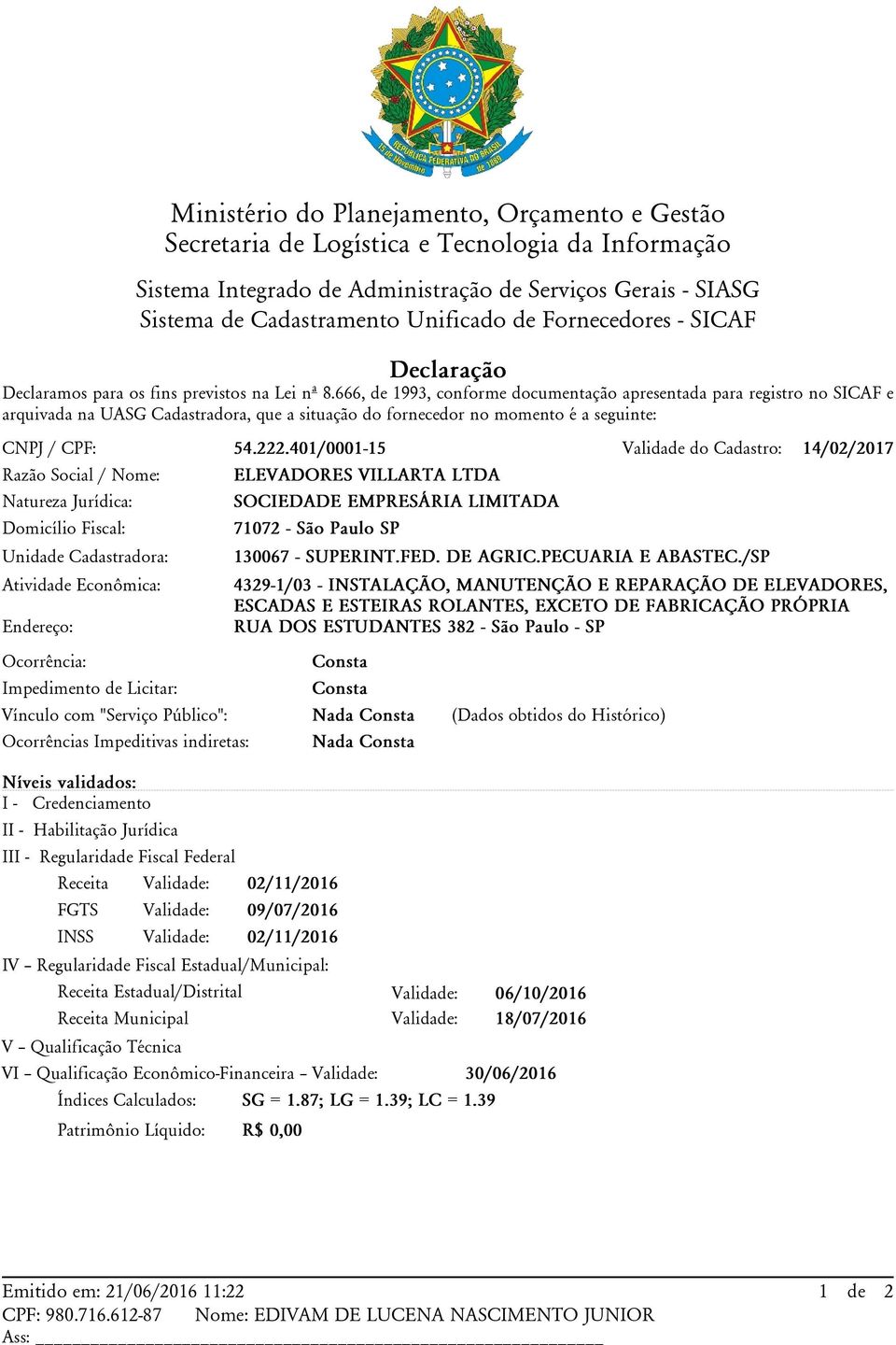 666, de 1993, conforme documentação apresentada para registro no SICAF e arquivada na UASG ra, que a situação do fornecedor no momento é a seguinte: CNPJ / CPF: 54.222.