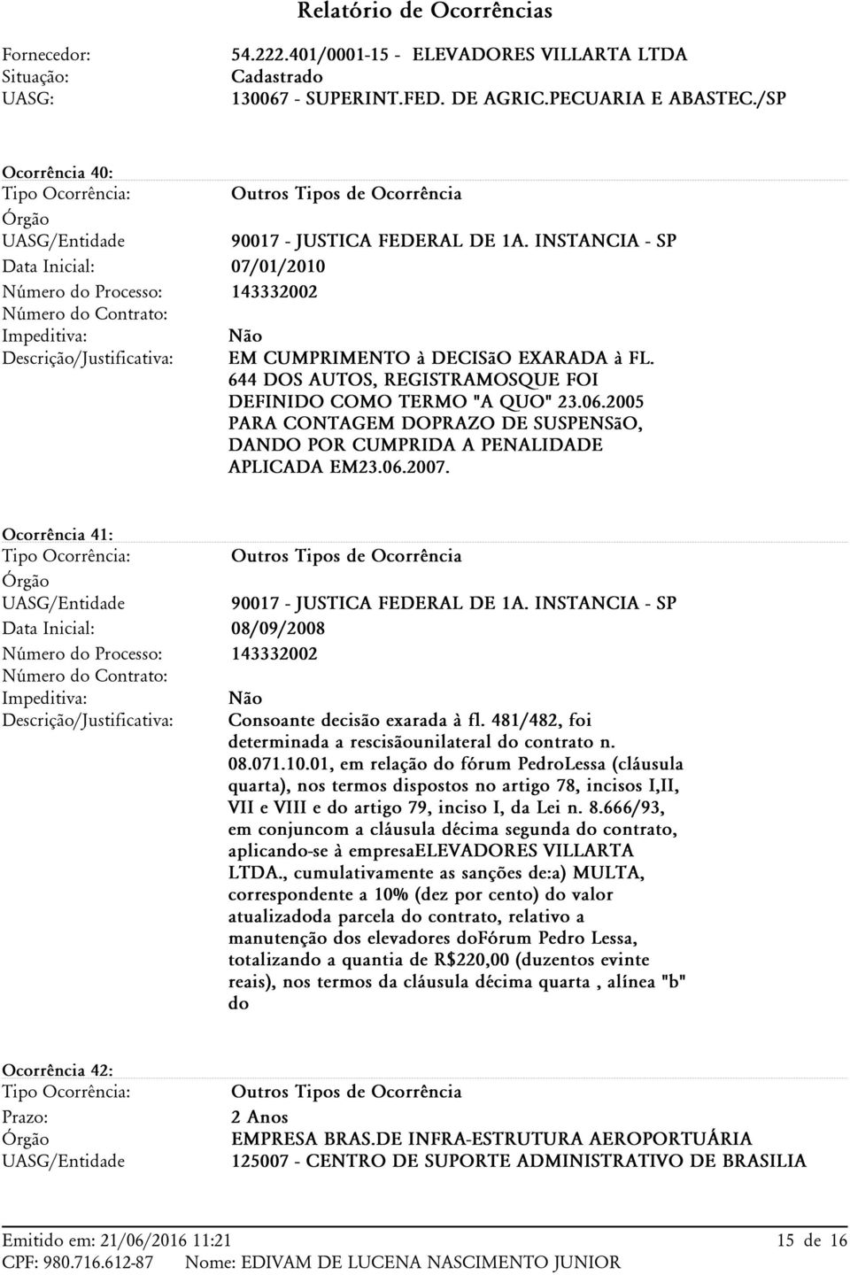 Ocorrência 41: Data Inicial: Impeditiva: Outros Tipos de Ocorrência 90017 - JUSTICA FEDERAL DE 1A. INSTANCIA - SP 08/09/2008 143332002 Não Consoante decisão exarada à fl.