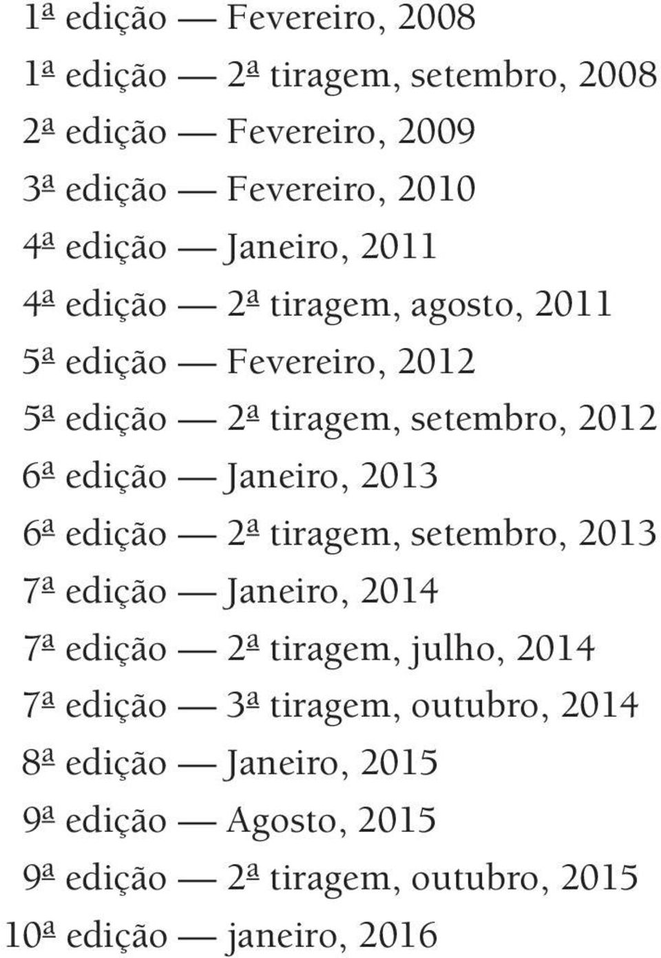 Janeiro, 2013 6 a edição 2 a tiragem, setembro, 2013 7 a edição Janeiro, 2014 7 a edição 2 a tiragem, julho, 2014 7 a edição 3 a