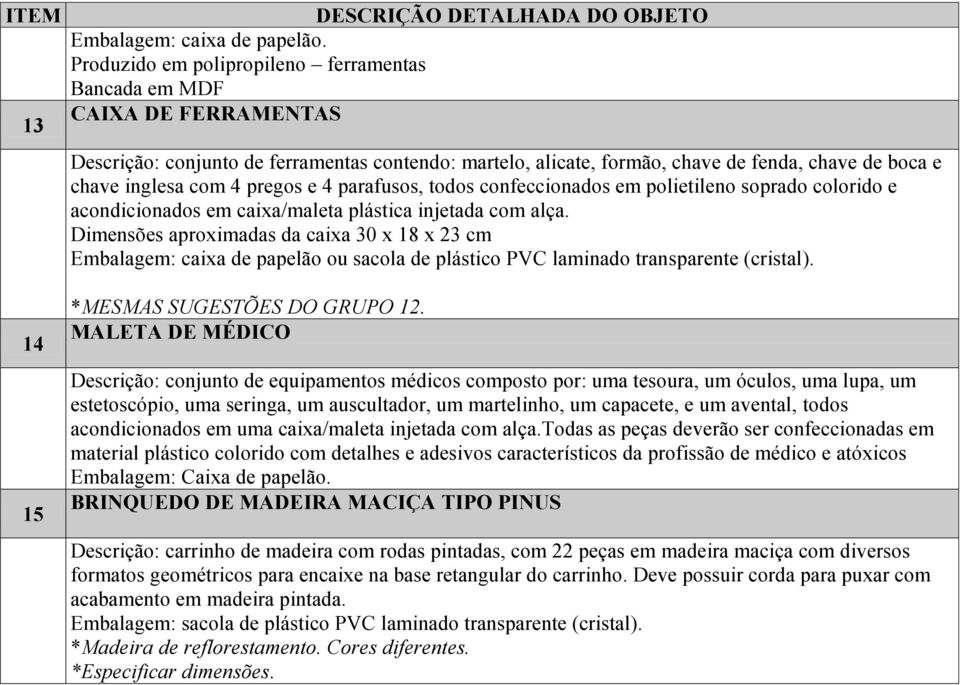 pregos e 4 parafusos, todos confeccionados em polietileno soprado colorido e acondicionados em caixa/maleta plástica injetada com alça.