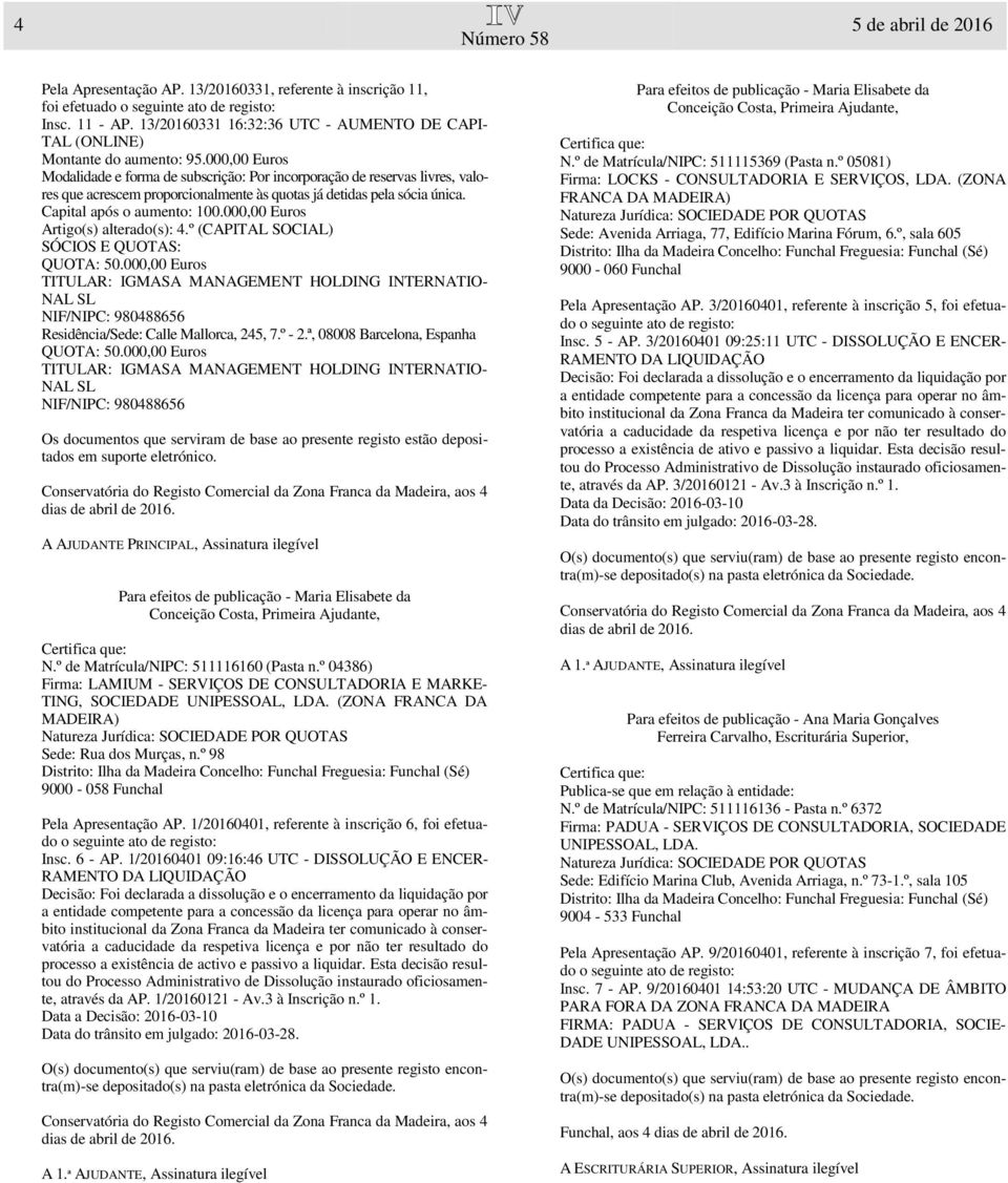 000,00 Euros Artigo(s) alterado(s): 4.º (CAPITAL SOCIAL) SÓCIOS E QUOTAS: QUOTA: 50.